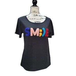 Black Tee Shirt Women with Embossed Thread Embroidered Multicolor "Smile" - Sz L